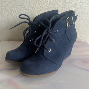 Suede Navy Blue Tie Front Ankle Booties with Buckle